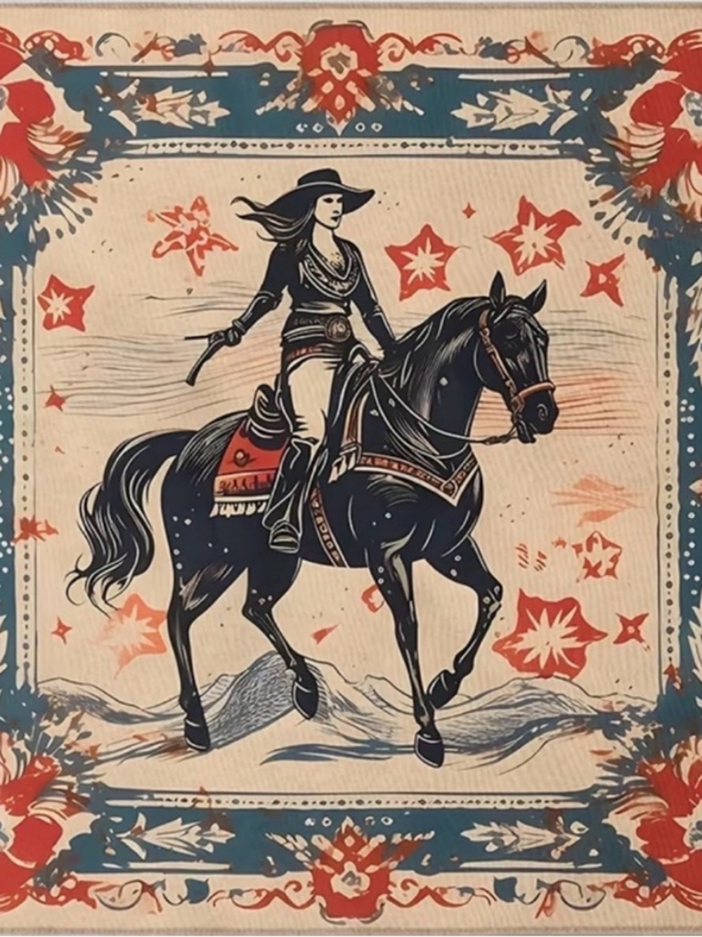 Vintage-Inspired Western Horse Print Scarf in Navy, Red & Cream